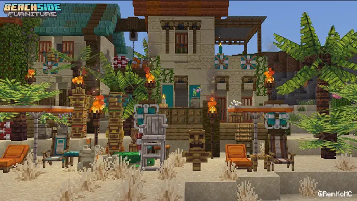 Beachside huts with tropical furniture and decor