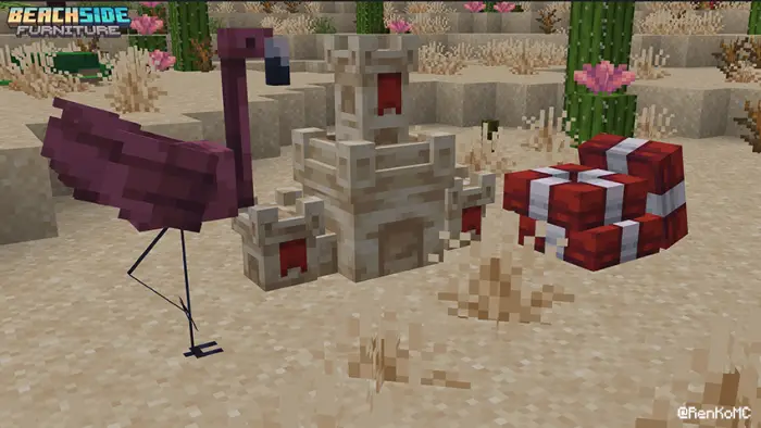Flamingo, sandcastle, and beach chair decor