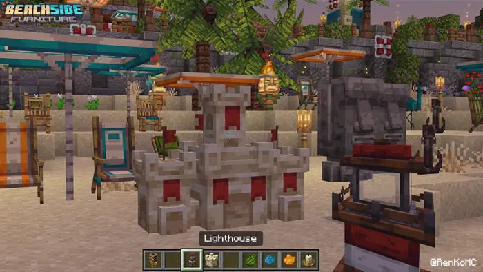 Beach-themed furniture and decor on sand