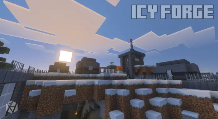Snowy fortress buildings at sunrise