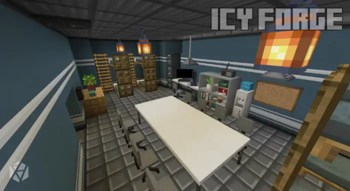 Office room with tables, chairs, and shelves