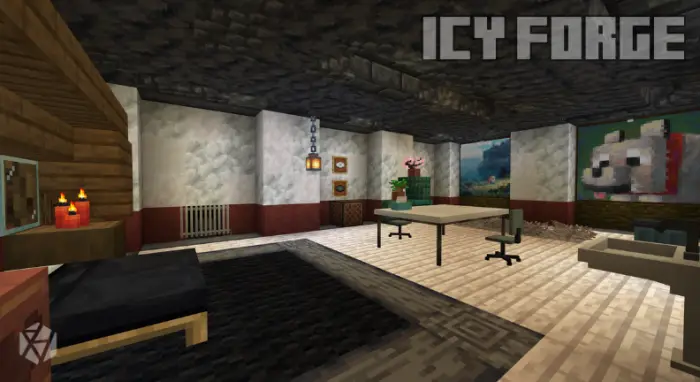 Modern office room with bed and decor.