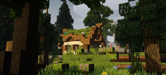Cozy cottage in vibrant, lush forest scene