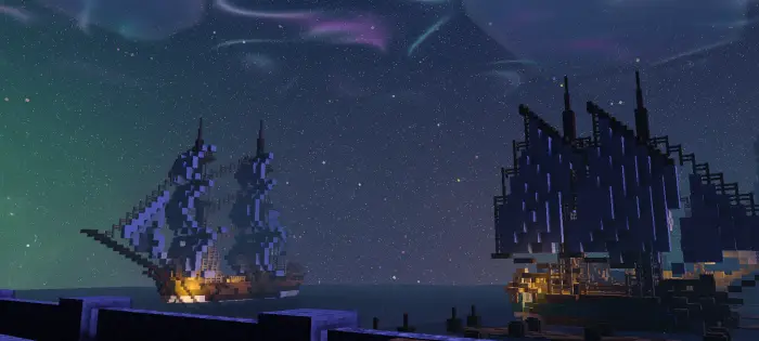 Pixel ships under vibrant night sky