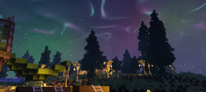 Pixel landscape with glowing night sky.