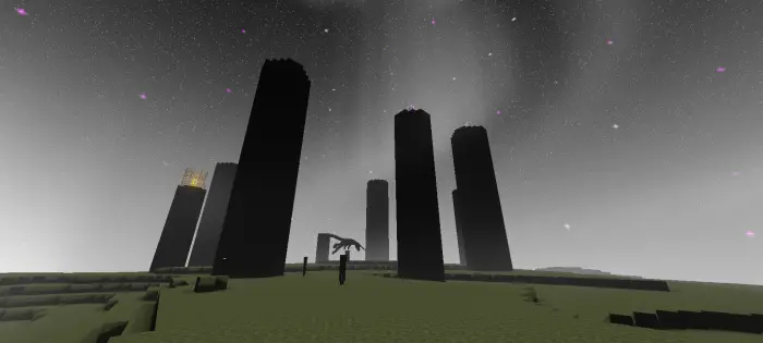 Dark pillars and dragon under starry sky