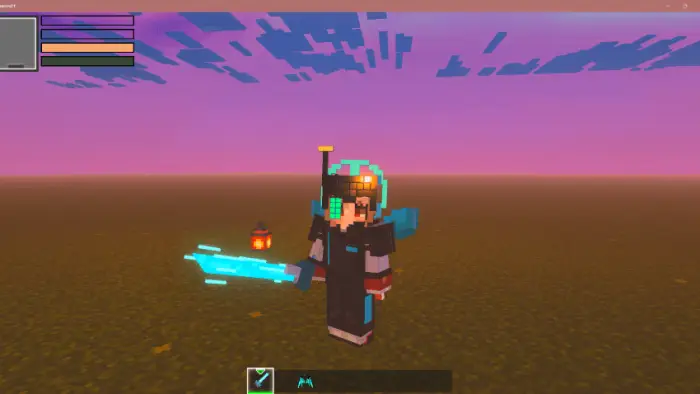 Character holding glowing blue sword at sunset