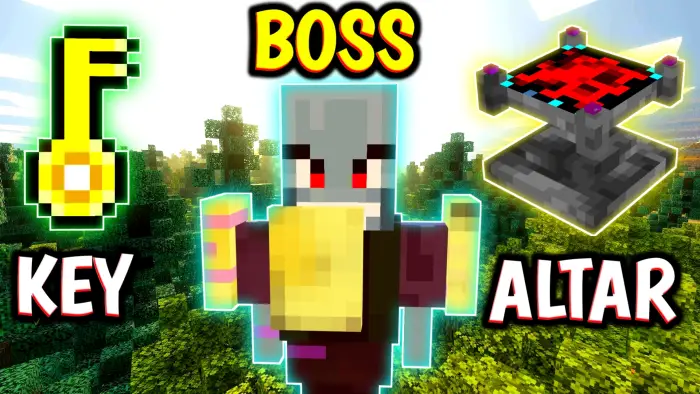 Glowing boss, key, and altar in forest.