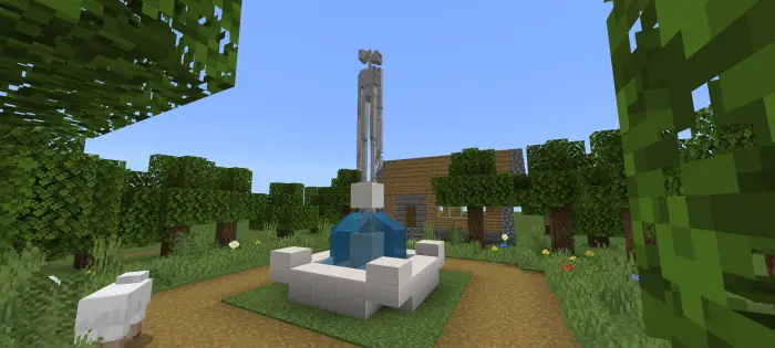 Tall siren-headed creature near village fountain