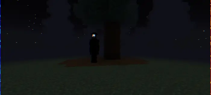Dark figure with glowing eyes under tree