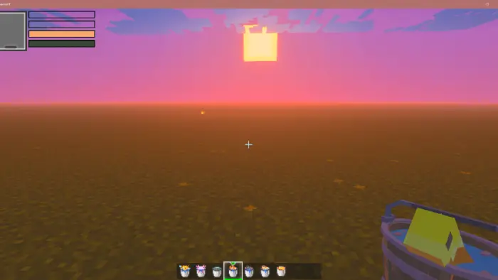 Sunset over blocky terrain with 3D buckets