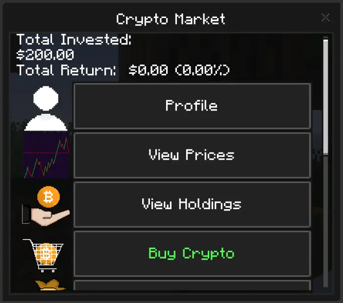 Crypto market menu with investment options.