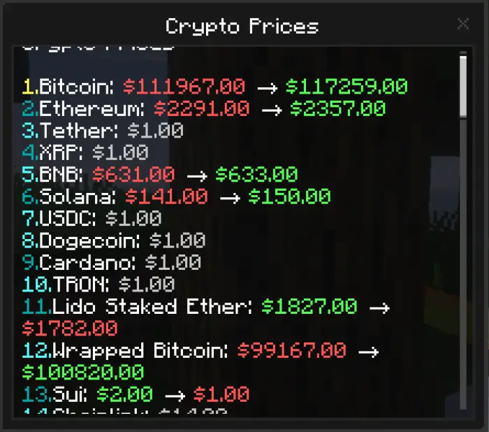 In-game virtual crypto prices list shown.