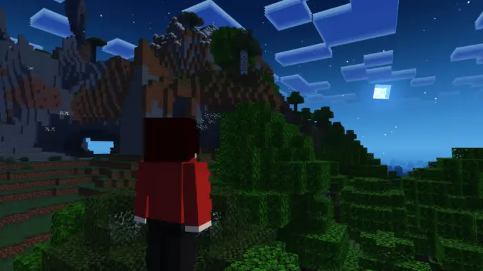 Blocky character overlooks lush night landscape