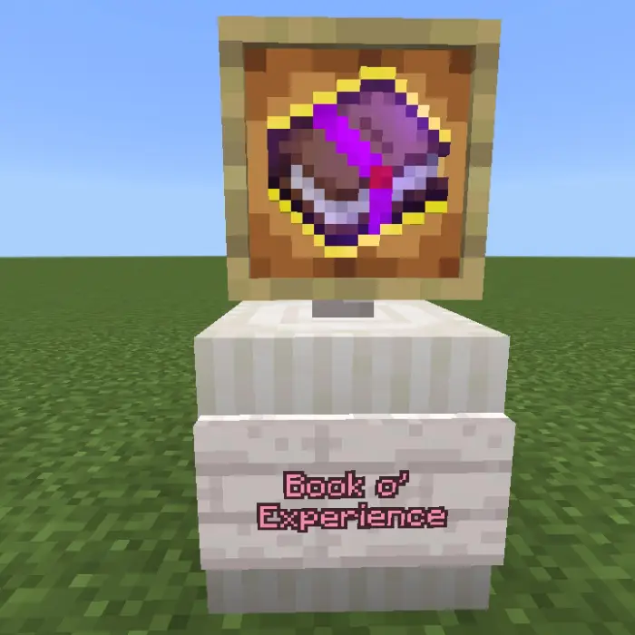 Pixelated enchanted book on display stand.