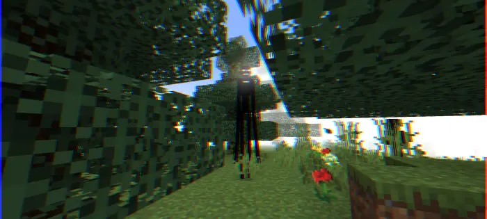 Tall shadowy creature in a glitchy forest.