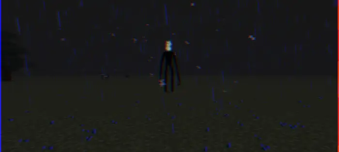 Tall, eerie creature in dark, rainy scene