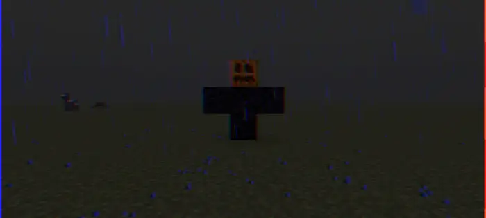 Blocky creature with pumpkin head in rain