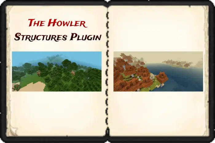 Left Forest landscape with scattered structures Right Coastal village with orange rooftops