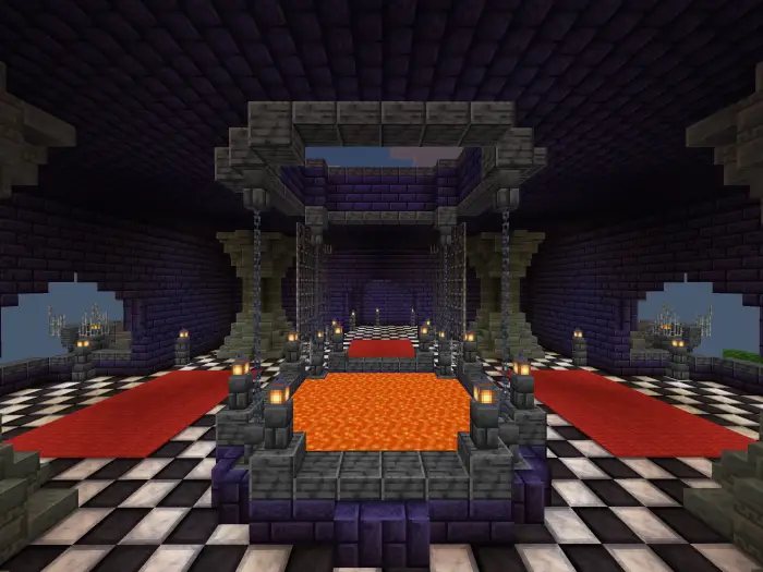 Dark castle hall with lava pit and red carpets.