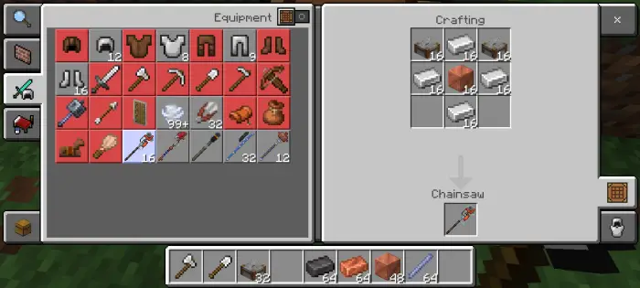 Weapon crafting menu with chainsaw recipe