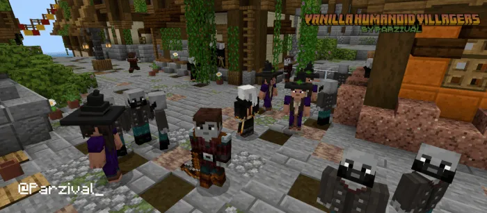 Humanoid villagers gather in a town square.