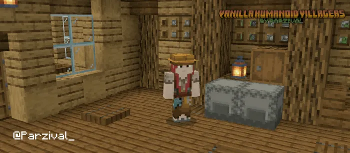 Humanoid villager stands in wooden house