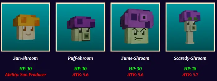 1. Sun-Shroom blocky plant model 2. Puff-Shroom blocky plant model 3. Fume-Shroom blocky plant model 4. Scaredy-Shroom blocky