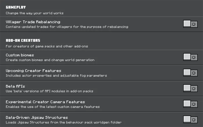 Game settings menu with toggle switches