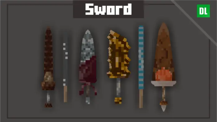 Pixelated candy-themed swords display