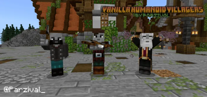 Three humanoid villagers in a village.