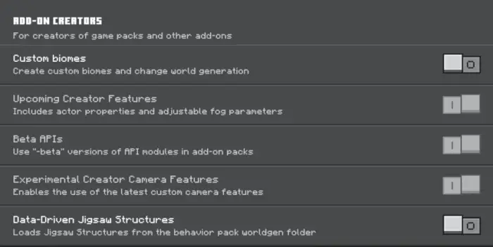 Add-on creator options menu with toggles