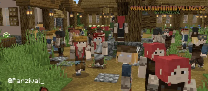 Humanoid villagers gather in a village.