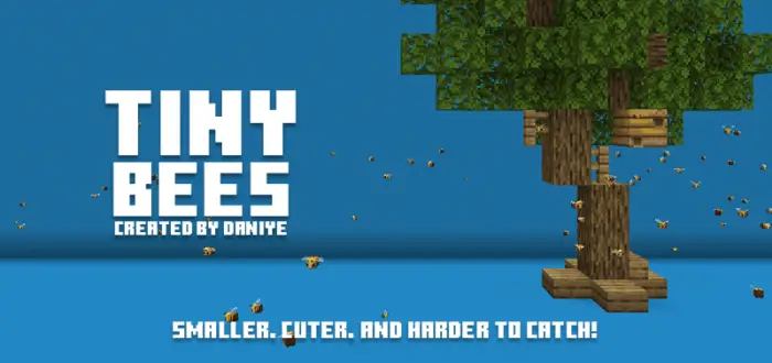 Tiny bees flying around a blocky tree.