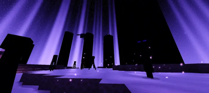 Purple-lit pillars and shadowy figures at night