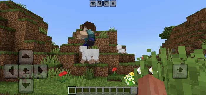 Grotesque Steve riding a sheep on hills
