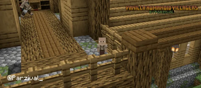 Humanoid villagers on a wooden village bridge