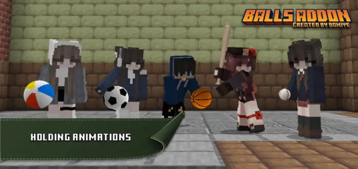 Five blocky characters holding sports balls