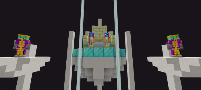 Two colorful NPCs sit on a floating throne.