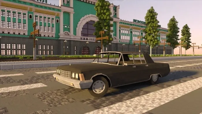 Blocky black sedan parked on city street