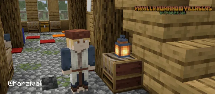 Humanoid villager stands in wooden house