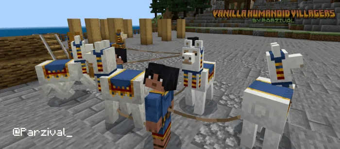 Humanoid villager leads llamas in a plaza