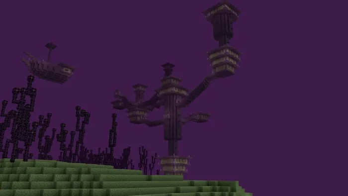 Purple fog envelops an End city scene.