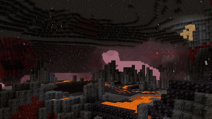 Dense purple fog over a lava-filled cavern