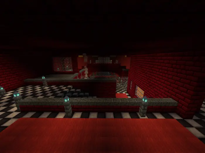 Dark, eerie red-brick hallway with checkered floor