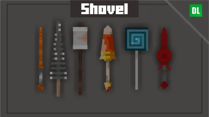 Six candy-themed shovels in pixel art.