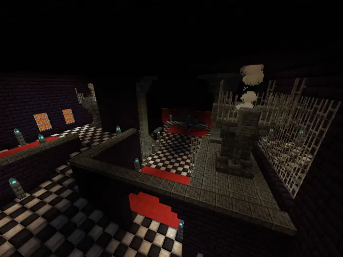 Dark, eerie castle with checkered floors.