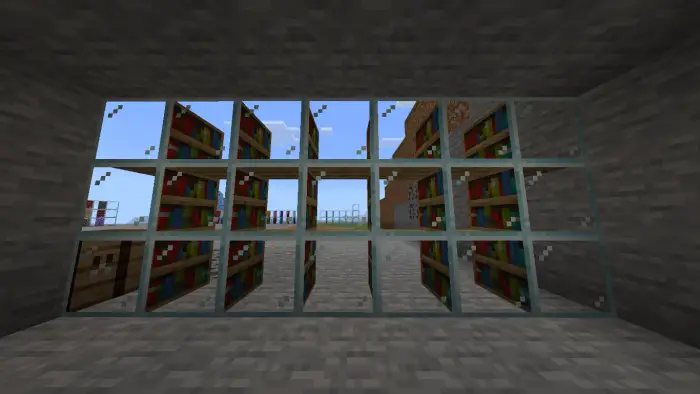 Glass blocks revealing hidden bookshelf room