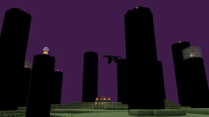 Dark towers and dragon in purple fog