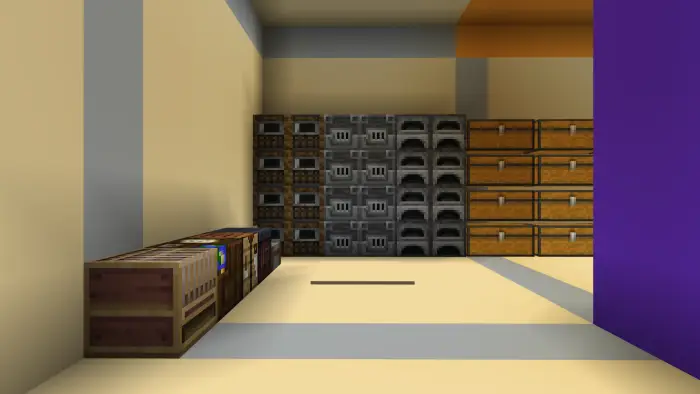 Crafting area with furnaces and storage chests
